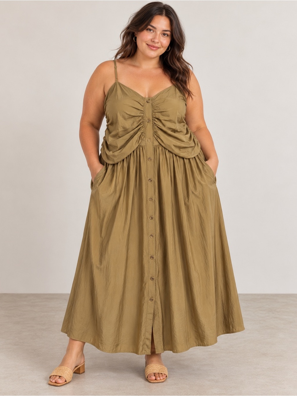 Future Collective Khaki Ruched Button Front Midi Dress 1X NWT